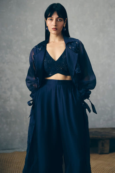 Paulmi & Harsh Navy blue embroidered jacket set PAULMAY26D343717