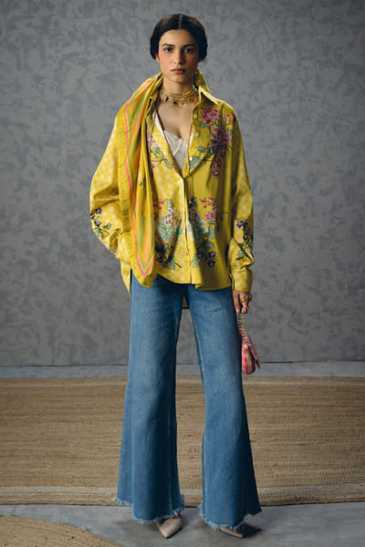 Yellow printed satin lycra shirt