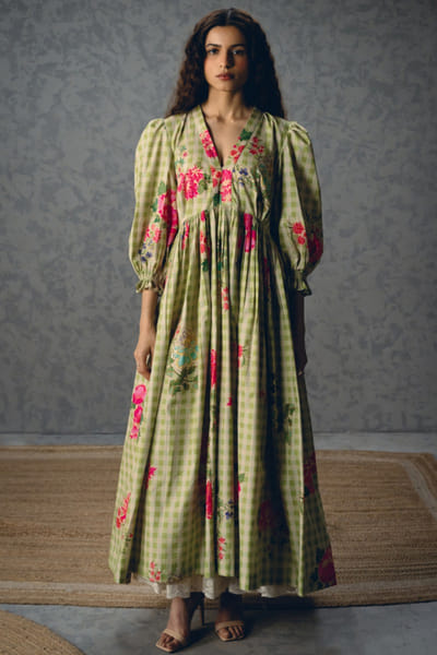 Paulmi & Harsh Green floral and checks printed midi dress PAULMAY26D343709