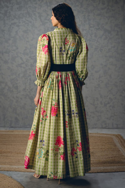 Paulmi & Harsh Green floral and checks printed midi dress PAULMAY26D343709