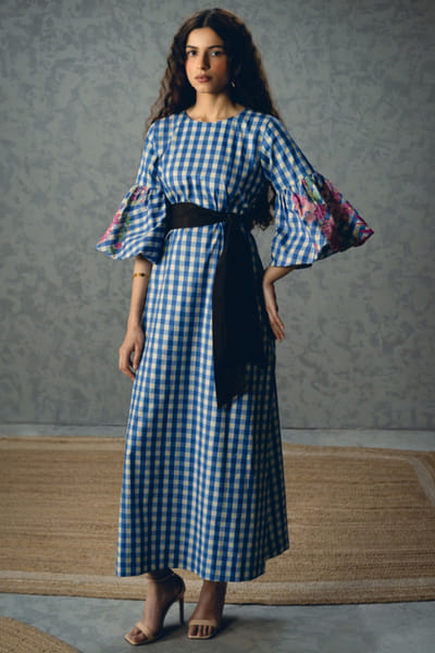 Paulmi & Harsh Blue checks and floral printed midi dress PAULMAY26D343716