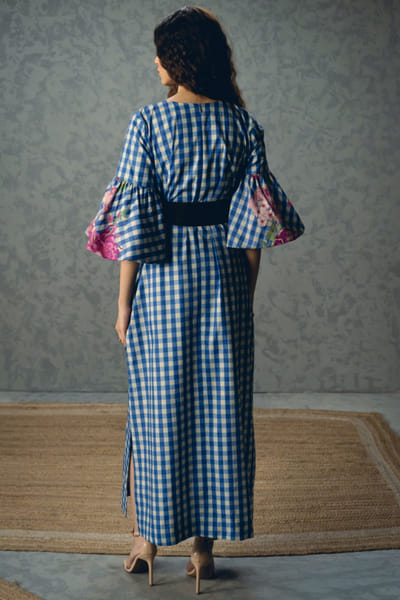 Paulmi & Harsh Blue checks and floral printed midi dress PAULMAY26D343716