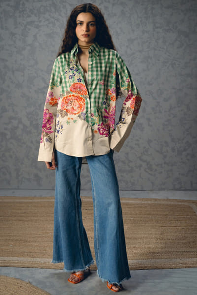 Paulmi & Harsh Green floral-check print embroidered shirt PAULMAY26D343711