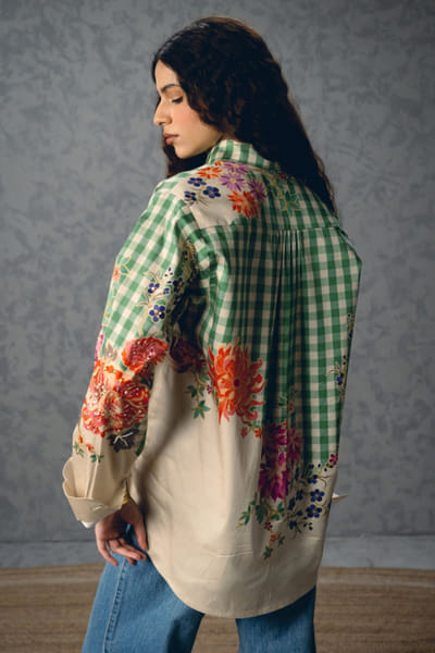 Paulmi & Harsh Green floral-check print embroidered shirt PAULMAY26D343711