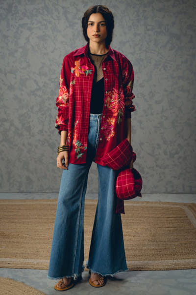 Paulmi & Harsh Burgundy floral and checks printed shirt PAULAPR26D243148