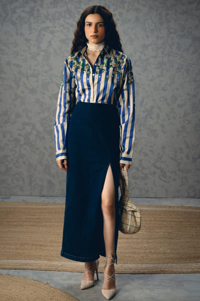 Paulmi & Harsh Blue stripe-floral print embroidered shirt PAULMAY26D343714