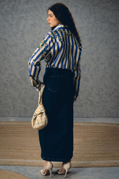 Paulmi & Harsh Blue stripe-floral print embroidered shirt PAULMAY26D343714