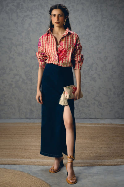 Paulmi & Harsh Pink floral and gingham printed shirt PAULAPR26D243137