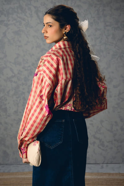 Paulmi & Harsh Pink floral and gingham printed shirt PAULAPR26D243137