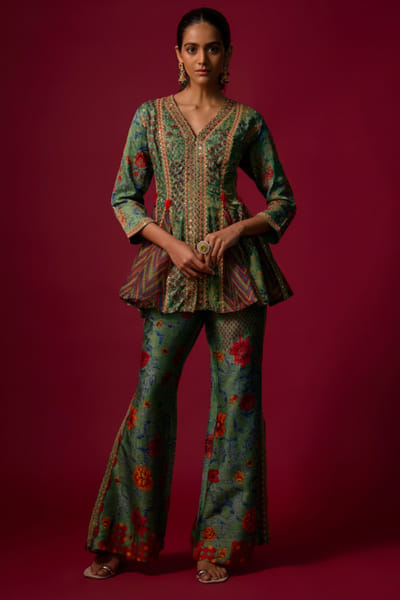 Shraddha Rambia Green embroidered butti-floral print pant set SHRAMAY26D144596