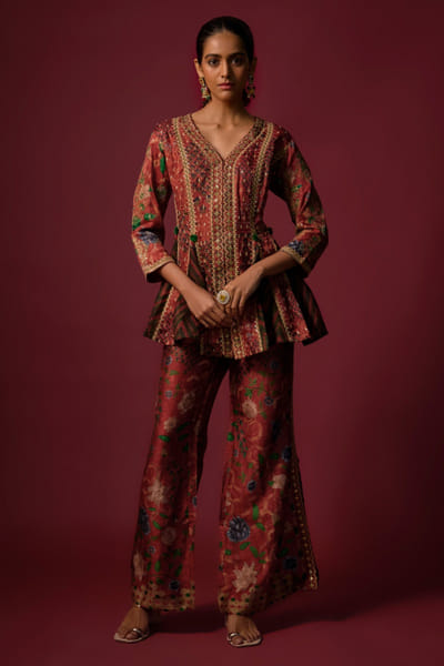 Shraddha Rambia Red embroidered printed peplum top-pant set SHRAMAY26D144595