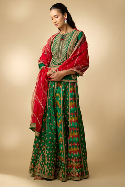 Shraddha Rambia Green embroidered patola print lehenga set SHRAMAY26D144603