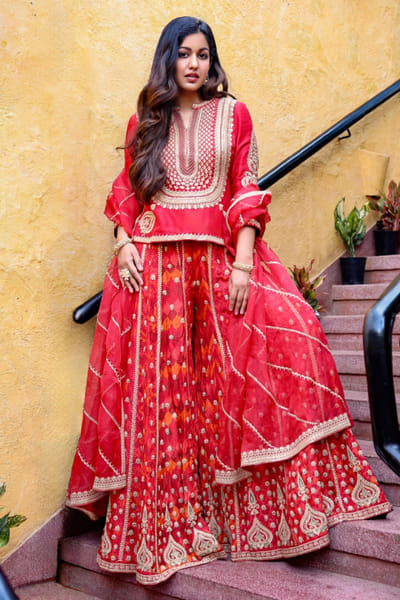 Shraddha Rambhia Red embroidered patola print palazzo set SHRAJUL26D148674
