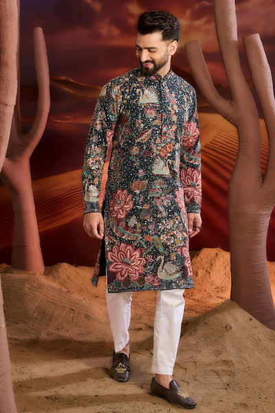 Teal green flora-fauna sequin embroidery kurta