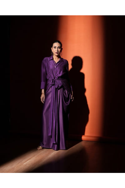 Purple beaded draped satin pants