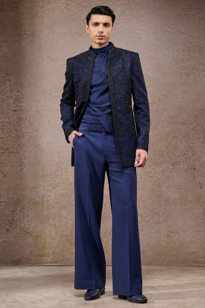 Navy blue abstract embroidered bandhgala set