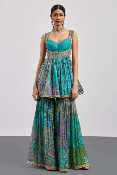 Ri Ritu Kumar Turquoise blue printed embroidered gharara set RIRIAUG26D251837
