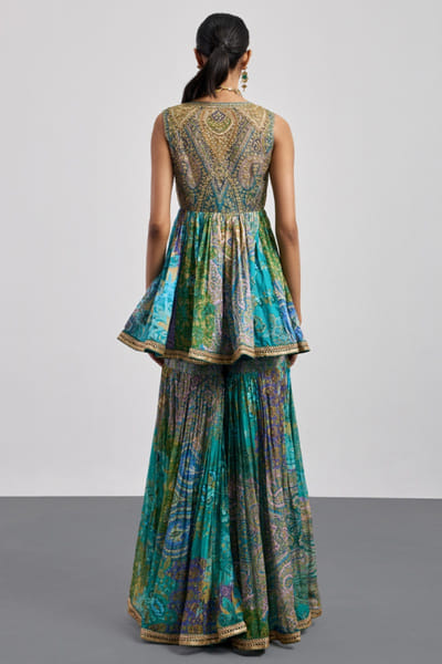 Ri Ritu Kumar Turquoise blue printed embroidered gharara set RIRIAUG26D251837