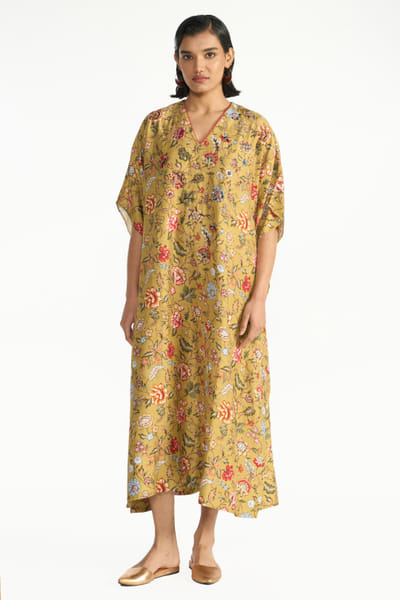 Payal Pratap Gold floral printed kaftan dress PAYAAUG26D153027