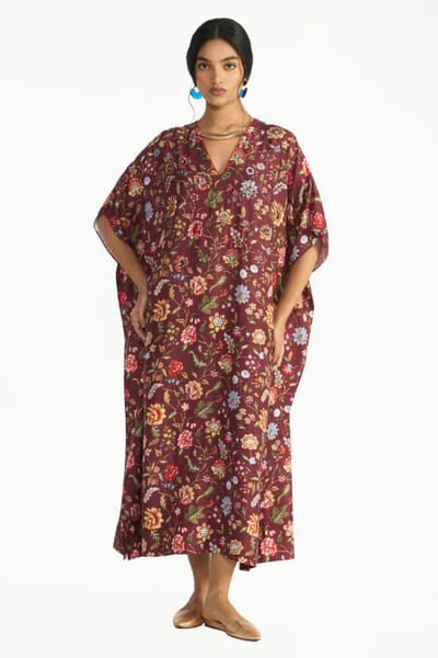 Payal Pratap Wine floral printed kaftan dress PAYAAUG26D153034