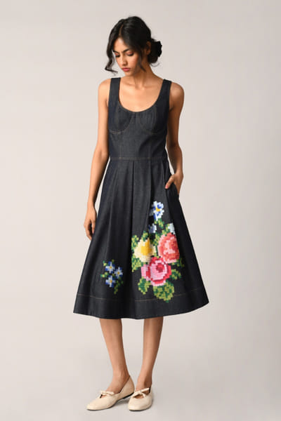 Blue floral embroidered denim corset dress
