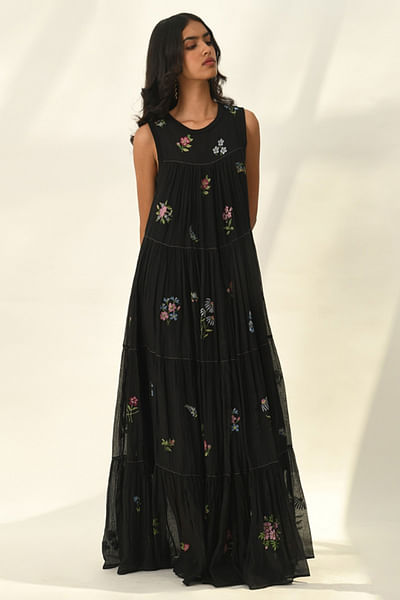 Black floral embroidered tiered maxi dress