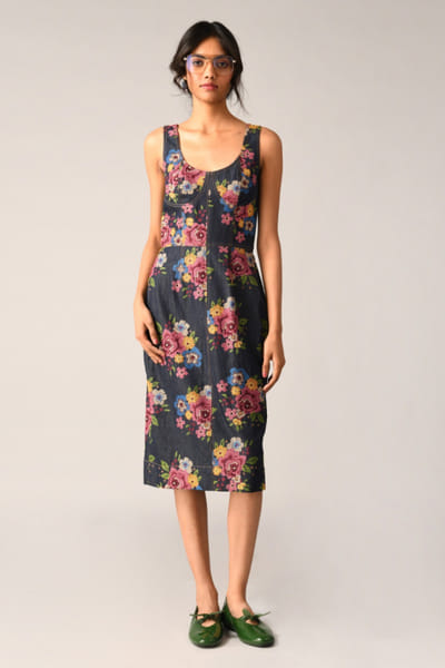 Blue floral embroidery denim corset dress