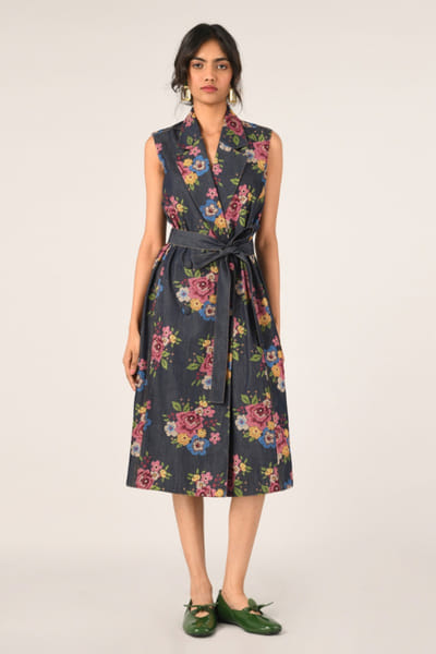 Blue embroidered and belted denim dress