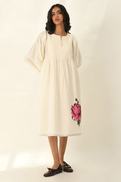 Ivory pintucks and rose appliqued dress
