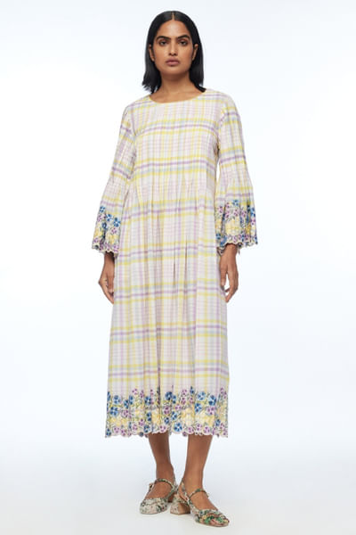 Ivory checked and embroidered dress