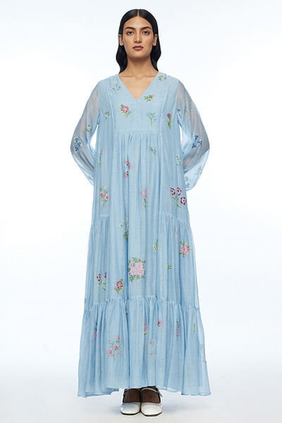 Blue floral embroidered tiered maxi dress