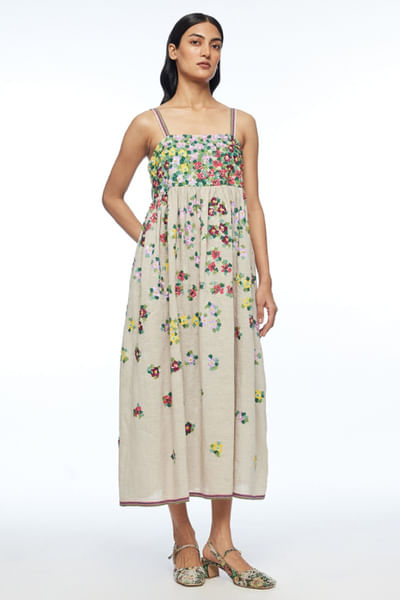 Beige appliqué embroidered dress