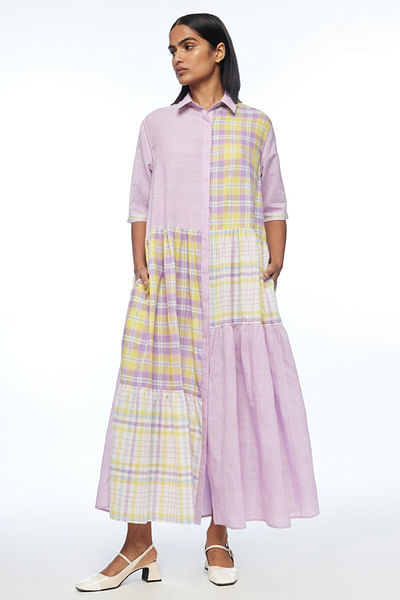 Multicolor checked patchwork shirt dress