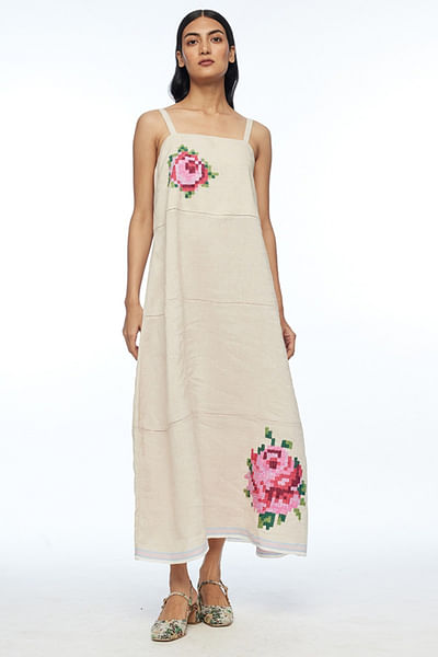 Beige rose applique embroidered strappy dress