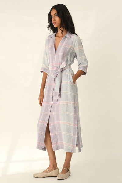 Powder blue checked and belted shirt dress