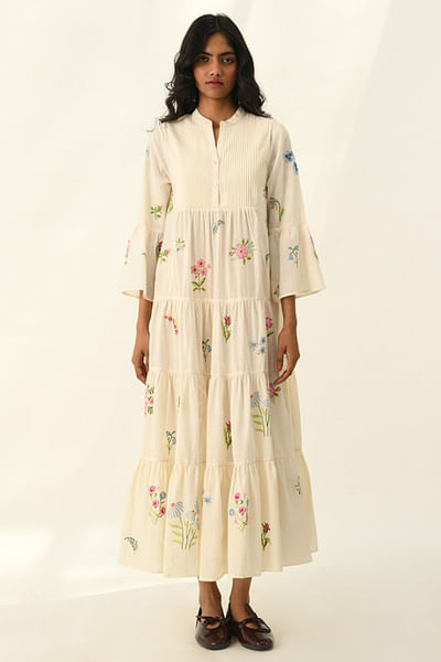 Ivory floral embroidered pleated tiered dress