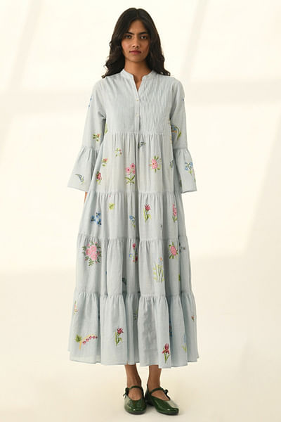 Powder blue embroidered pleated-tiered dress