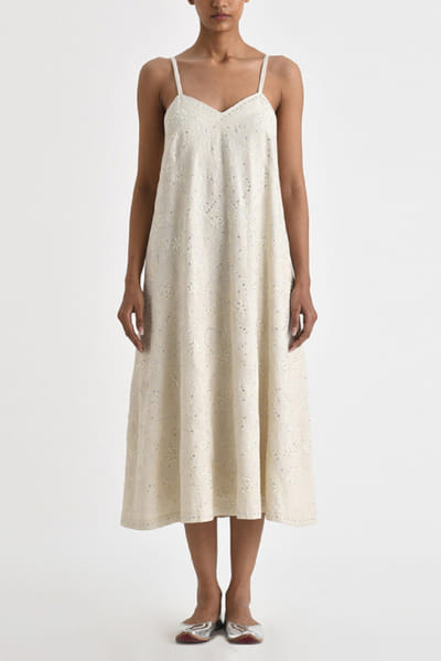 Ecru floral and geometric embroidered dress