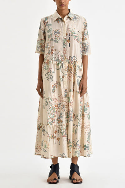 Ecru floral printed shirt dress