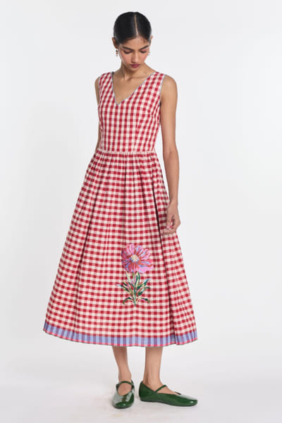 Red floral embroidered checkered midi dress