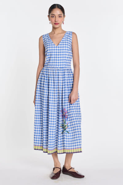 Blue floral embroidered checkered midi dress