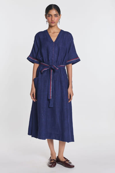 Navy blue belted linen dress
