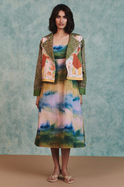 Saphed Green and pink print embroidered jacket SAPHAUG26D152218