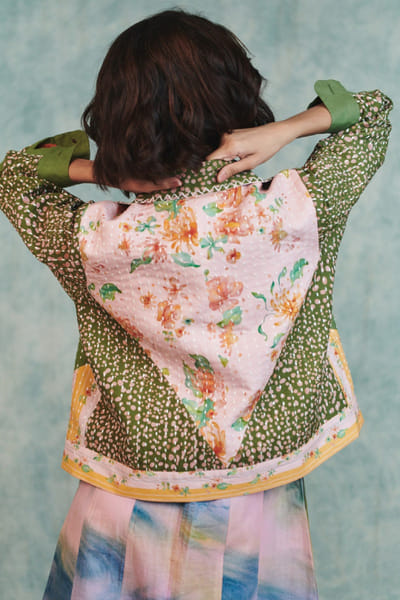 Saphed Green and pink print embroidered jacket SAPHAUG26D152218