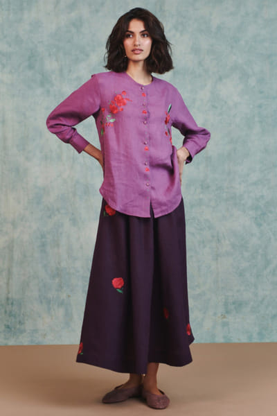Saphed Lilac floral embroidered linen shirt SAPHAUG26D152225