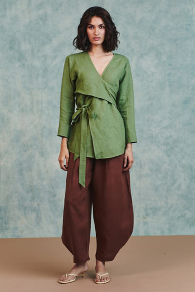 Saphed Moss green linen wrap top SAPHAUG26D152227
