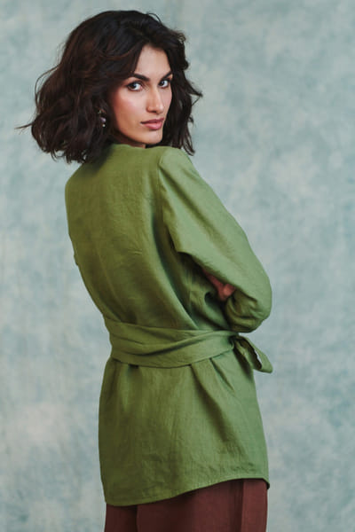 Saphed Moss green linen wrap top SAPHAUG26D152227