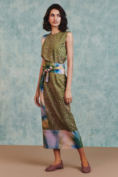 Saphed Green ombre digital printed front-tie dress SAPHAUG26D152217