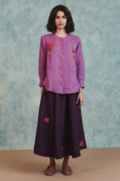 Saphed Berry lilac embroidered linen co-ord set SAPHAUG26D152223
