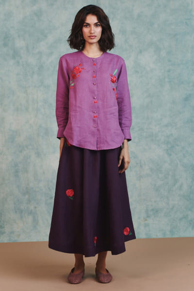 Saphed Plum floral embroidered linen skirt SAPHAUG26D152224